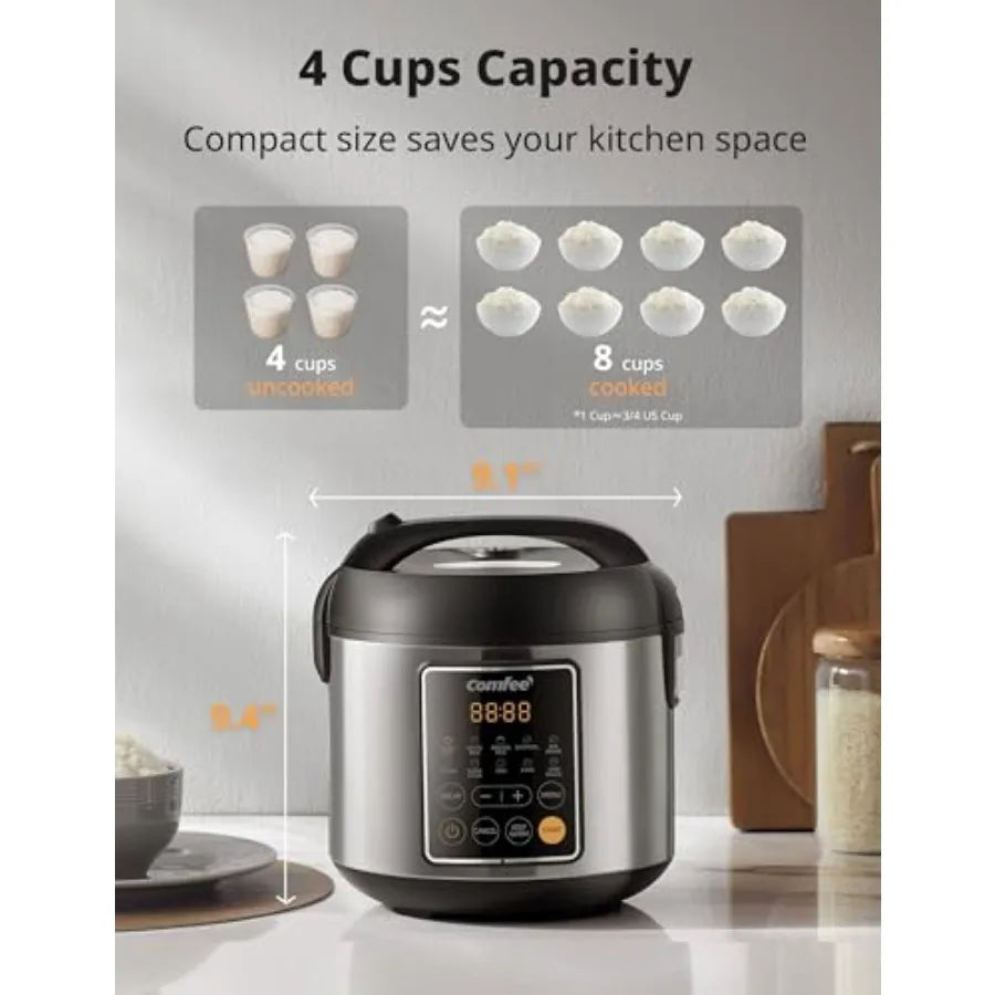 Rice Cooker 4 Cups Uncooked 8 Cups Cooked Slow Cooker 2 Qt Small Multicooker with 10 Presets Steamer and Grain Cooker Non-Stick